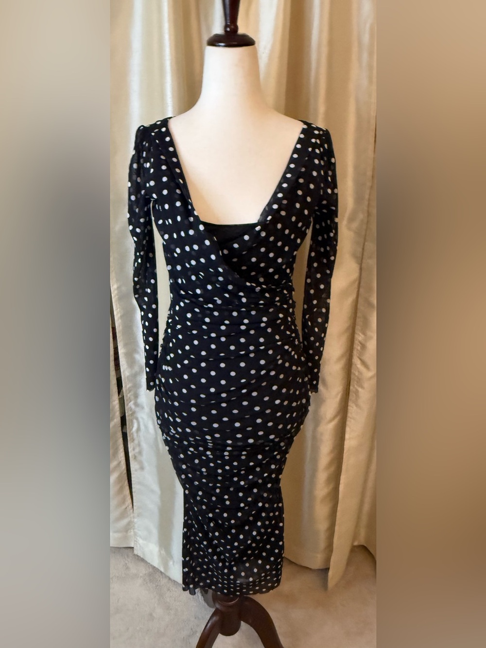 Fuzzi Long-Sleeve Midi Dress Black & White Polka Dot Size M EUC